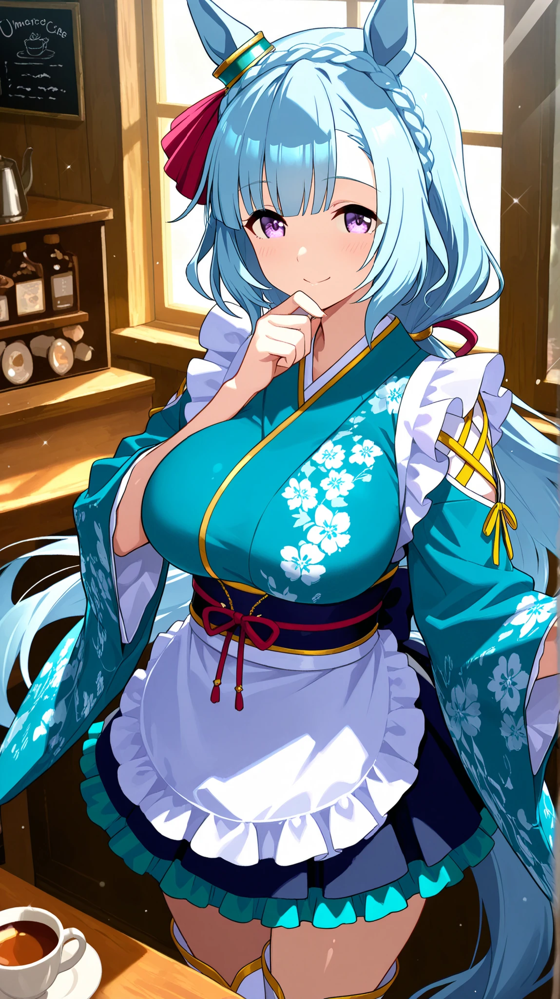 master piece, professional quality, high resolution, 8k, ultra detailed, Ruffled Apron, Light blue kimono, Kimono maid, Flower patterned kimono, Cross-laced white boots, mejiro ardan /(umamusume/),1 girl, solo, so beautiful , Cute girl, Very pretty, Beautiful girls, light blue hair, long hair, (low ponytail), Very smooth and beautiful hair, crown braid, light purple eyes, shiny eyes, detailed eyes, Horse ears, big breasts, horse tail, cheerful , beautiful face and skin, smooth skin, horse ears, ear ornament, high brightness, sunbeam, light sparkles, The interior is bright with light coming through the windows, cowboy shot, hand on own chin, Inside the Japanese-style cafe, Antique Interior, Stylish interior, score_9, score_8_up, score_7_up,