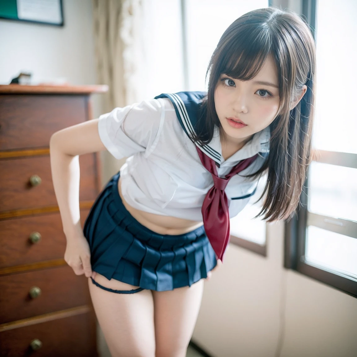 grasp、、((High school girl in a very short sailor suit with short sleeves))、((Realistic 12 year old little face girl with very low height))、、Square sailor collar with ribbon、(High twin tail with ribbon)、drooping bangs、Grabbing your butt on the bus、(((Dark blue pleated skirt with large flip)))、a beauty girl１a person、(buttocks are completely exposed)、(Full exposure of the hip joint)、posterior view、Turned、((Previous Japan Man Grabbing High School Girl's Butt))、(((High school girl being molested by Japan guys)))、((Japan man grabs her bust from the front))、red blush、(sexual act、erotick)、((Skirt flipped up、Erotic pink piercing panties visible))、high-level image quality、realisitic、(((agony、angry expressions)))、NSFW、Bedroom、a bed