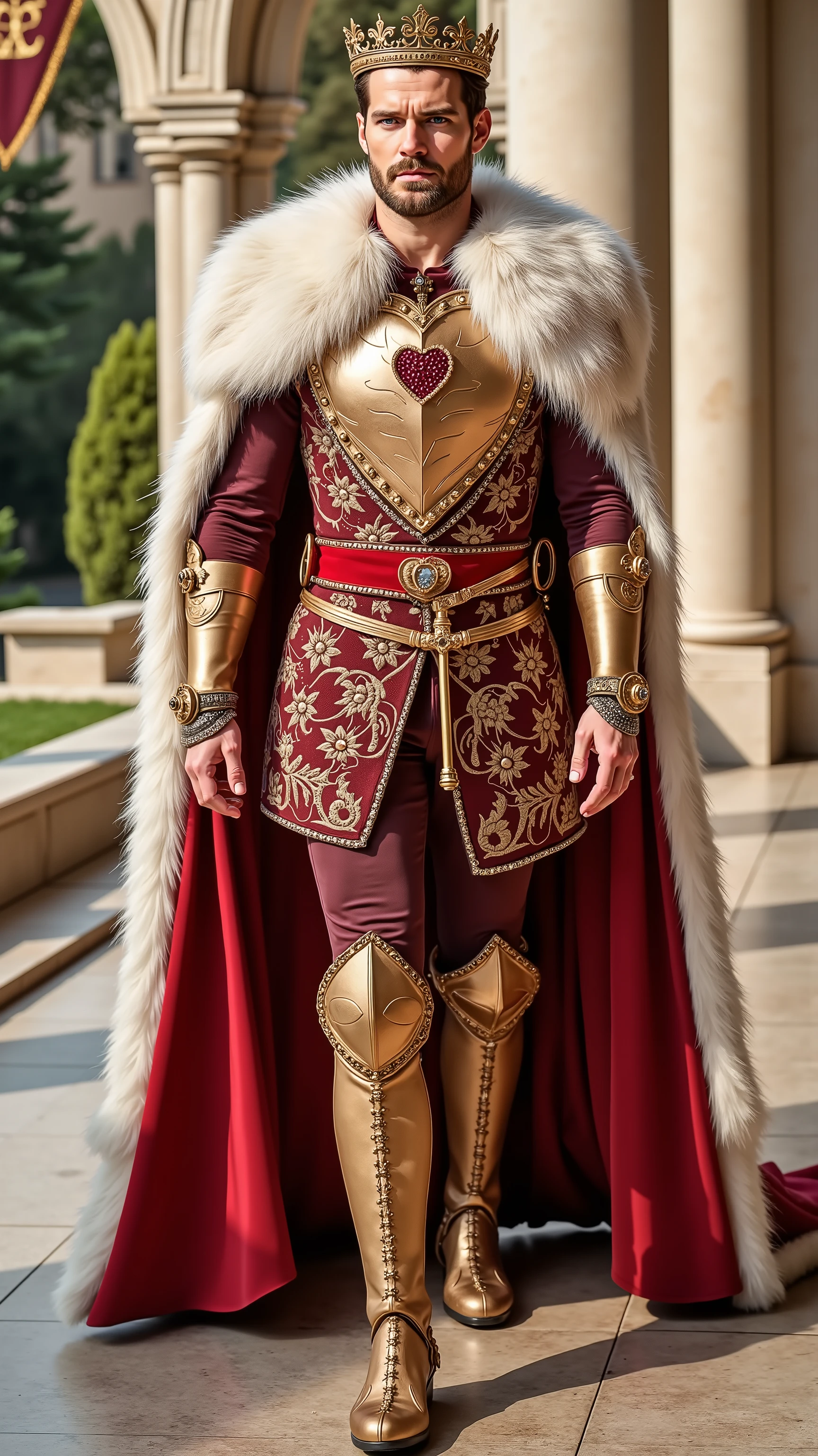Henry Cavill reimagined as King of Hearts walking and holding a golden scepter, dramatic atmosphere, 1 male, full figure, full body,
Short, slightly wavy chestnut-brown hair neatly combed back. A trimmed beard. His blue eyes are sharp and noble. A royal crown is crafted from rose-gold, adorned with rubies.
He wears an ultra-luxurious royal armor crafted from polished rose-gold metal with an intricate swirling heart. The breastplate is adorned with clusters of rubies and small white diamonds embedded into the design. His shoulders are protected by massive, elegantly curved pauldrons shaped like blooming roses, trimmed in red gold.
A grand, thick fur mantle of white fox fur rests across his shoulders, secured with a massive heart-shaped brooch made of solid gold and a central large ruby. Beneath the armor, a deep crimson velvet tunic embroidered with golden thread adds rich texture. A wide crimson belt set with rubies and filigree golden patterns encircles his waist.
His gauntlets and high boots are crafted from soft scarlet leather, decorated with gold studs and intricate embroidery matching the motifs on his breastplate.
In his right hand, he holds an ornate golden scepter topped with a large ruby in the shape of a heart.
,shows his male character's full figure, athletic body, perfect face, full body, extremely beautiful, god, male shape, perfect anatomy, the background shows a luminous palace garden. Tall marble arches, entwined with blooming red roses and ivy, surround the courtyard. Gold-accented fountains spray crystal-clear water. Banners of crimson and gold bearing heart emblems ripple from the high towers. White doves circle overhead, and the marble pathways glisten under the brilliant sky, sunny day, photorealistic, masterpiece, realistic, high contrast, 8k, HD, high definition detailed, detailed, hyper detailed, realistic skin texture, best quality, ultra high resolution, hyper realistic, no text, very detailed eyes, dramatic lighting