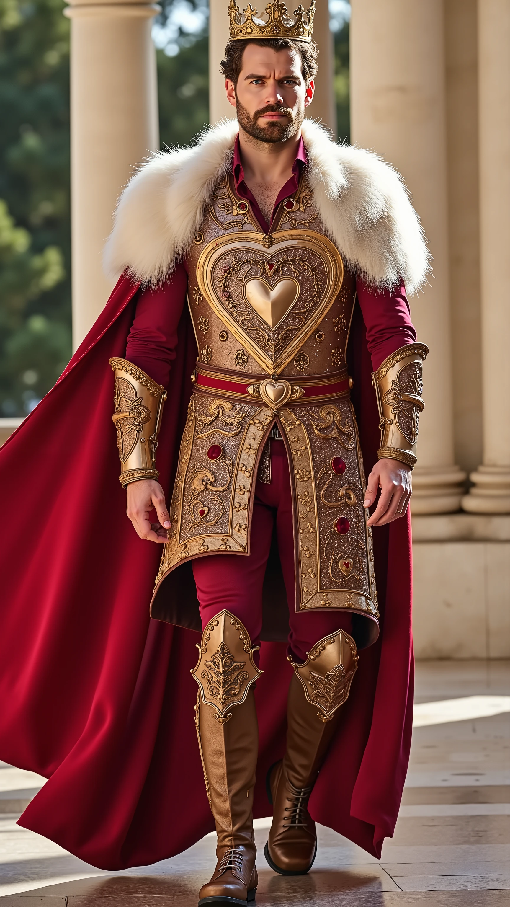 Henry Cavill reimagined as King of Hearts walking and holding a golden scepter, dramatic atmosphere, 1 male, full figure, full body,
Short, slightly wavy chestnut-brown hair neatly combed back. A trimmed beard. His blue eyes are sharp and noble. A royal crown is crafted from rose-gold, adorned with rubies.
He wears an ultra-luxurious royal armor crafted from polished rose-gold metal with an intricate swirling heart. The breastplate is adorned with clusters of rubies and small white diamonds embedded into the design. His shoulders are protected by massive, elegantly curved pauldrons shaped like blooming roses, trimmed in red gold.
A grand, thick fur mantle of white fox fur rests across his shoulders, secured with a massive heart-shaped brooch made of solid gold and a central large ruby. Beneath the armor, a deep crimson velvet tunic embroidered with golden thread adds rich texture. A wide crimson belt set with rubies and filigree golden patterns encircles his waist.
His gauntlets and high boots are crafted from soft scarlet leather, decorated with gold studs and intricate embroidery matching the motifs on his breastplate.
In his right hand, he holds an ornate golden scepter topped with a large ruby in the shape of a heart.
,shows his male character's full figure, athletic body, perfect face, full body, extremely beautiful, god, male shape, perfect anatomy, the background shows a luminous palace garden. Tall marble arches, entwined with blooming red roses and ivy, surround the courtyard. Gold-accented fountains spray crystal-clear water. Banners of crimson and gold bearing heart emblems ripple from the high towers. White doves circle overhead, and the marble pathways glisten under the brilliant sky, sunny day, photorealistic, masterpiece, realistic, high contrast, 8k, HD, high definition detailed, detailed, hyper detailed, realistic skin texture, best quality, ultra high resolution, hyper realistic, no text, very detailed eyes, dramatic lighting