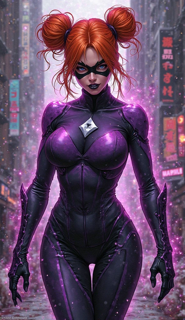 Dark purple haired villainess with magnetic powers, wearing a skintight purple and green costume and destroying a factory. Blue eyes, glossy red lips. Evil smirk. Evil wins. Humans dying.