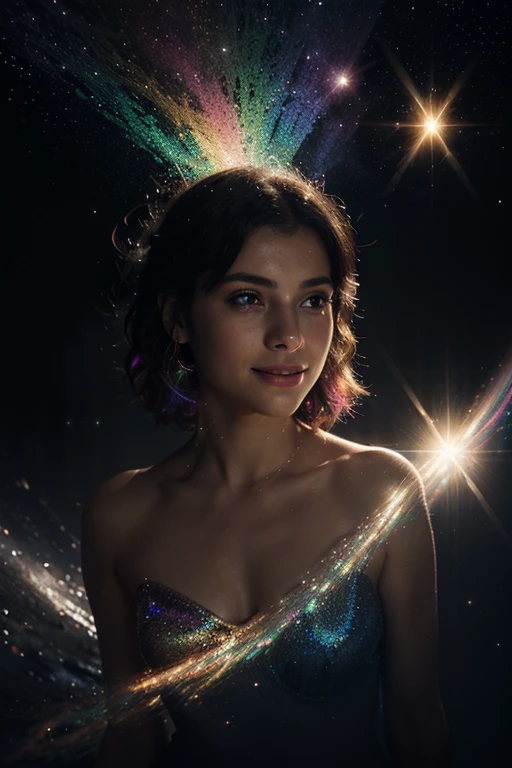 A photorealistic cute, slender aerobics instructor with very short brown hair, very short brown hair, very short brown hair, very short brown hair, brown eyes, and dimples, standing confidently in a fantastical landscape. She's wearing a flowing, elegant gown that complements her figure. The background features floating islands covered in bioluminescent plants, cascading waterfalls of rainbow colors, and giant crystalline structures that refract light. Vibrant colors include deep purples, electric blues, neon pinks, and shimmering golds. The lighting is ethereal, with a soft glow emanating from the plants and crystals. Broad strokes of bright, contrasting colors sweep across the sky, reminiscent of an abstract painting - vibrant oranges, lime greens, and vivid magentas create a striking contrast against the fantastical elements.