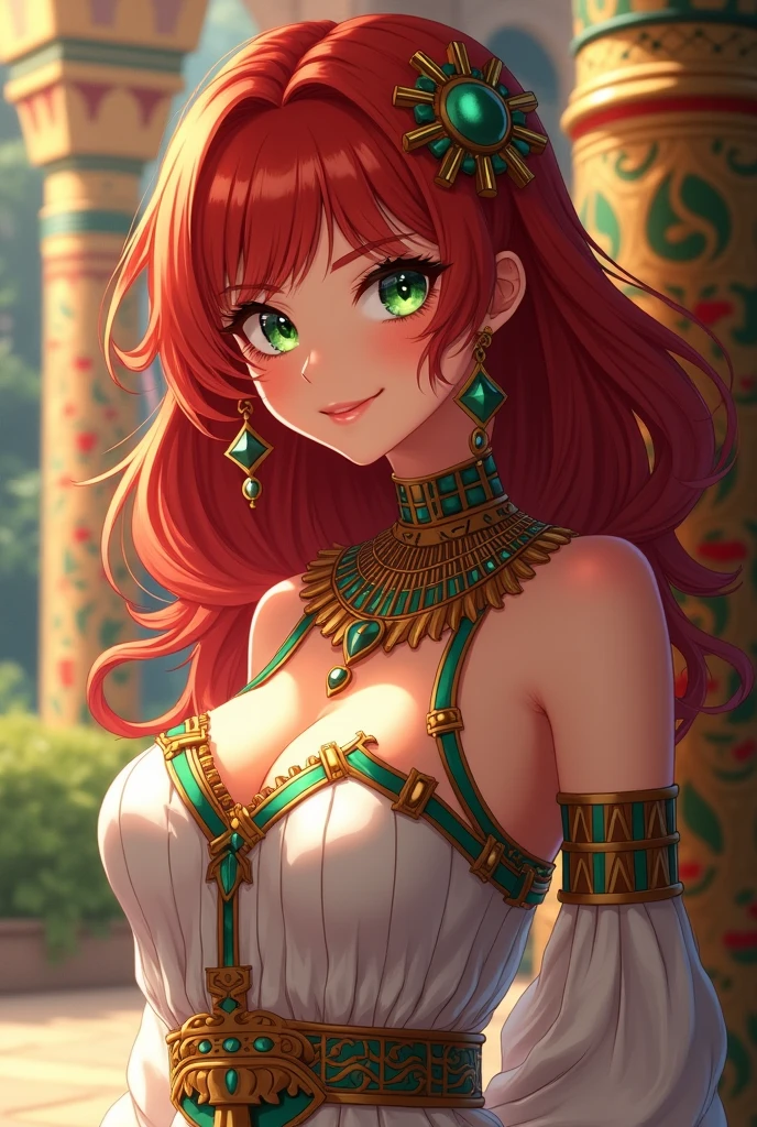 Arabic woman, beautiful green eyes, short red hair, a crown in one of her hand