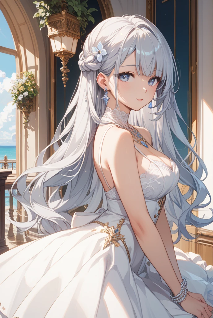 (masterpiece, Highest quality: 1.4), Detailed Background, White Crystal, Crystal clusters,Long Hair,jewelry, Earrings, necklace, Crown, bride, Gray Hair, Hello,