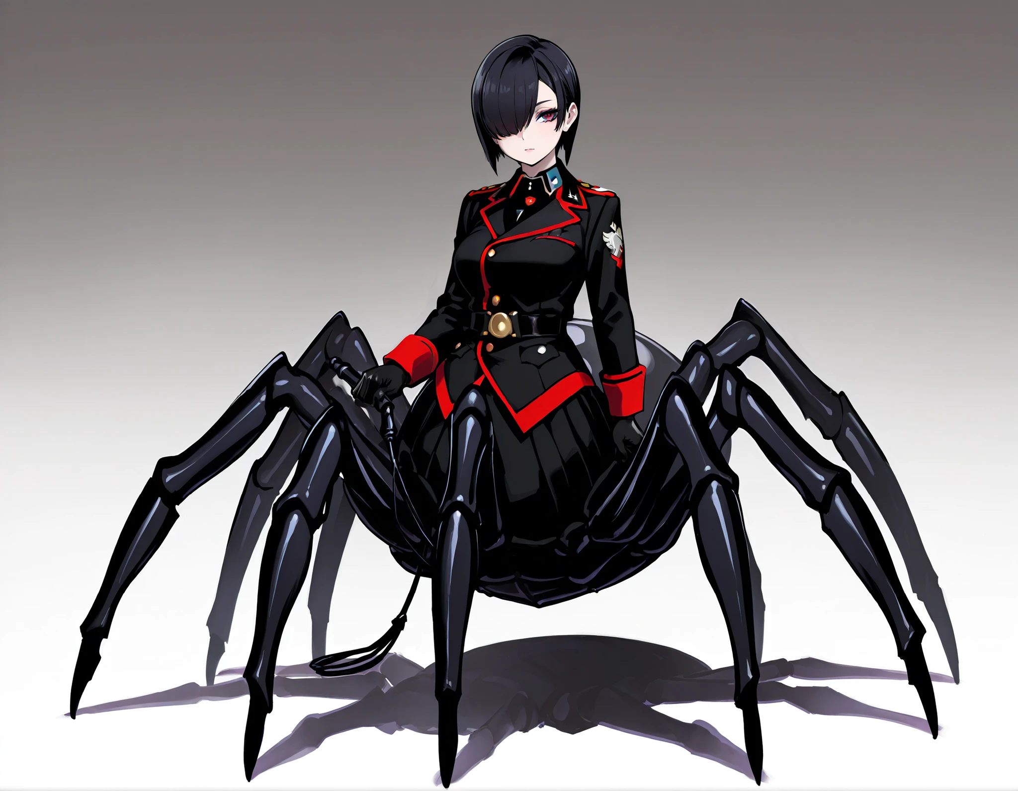 Arachne Girl. Military uniform. Black hair. Straight hair. Short hair. One eye covered. Sexy gaze. Black costume. Gloves. Spider legs. Phosphorescent spider. Whip. Pert breasts. Multiple legs.