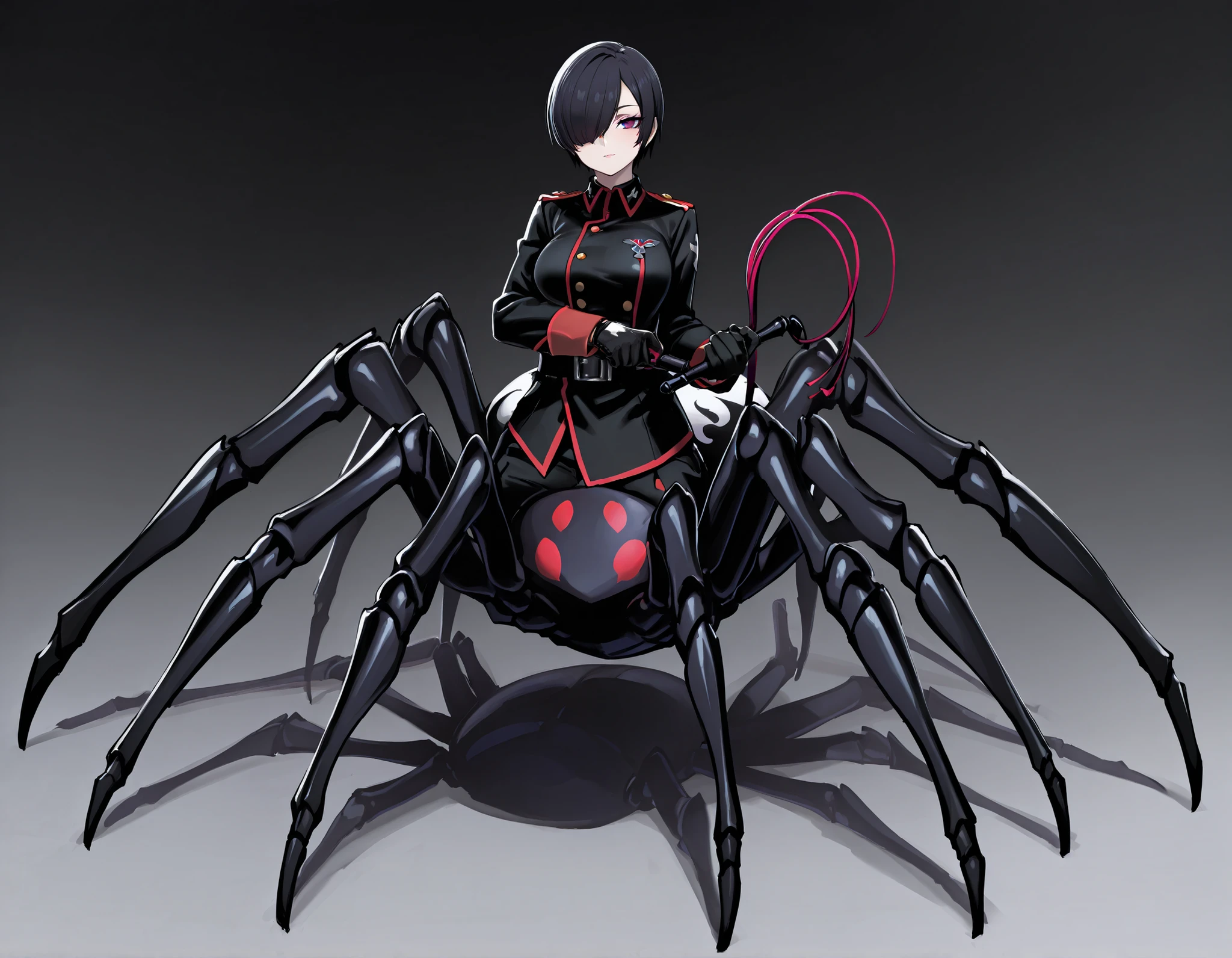 Arachne Girl. Military uniform. Black hair. Straight hair. Short hair. One eye covered. Sexy gaze. Black costume. Gloves. Spider legs. Phosphorescent spider. Whip. Pert breasts. Multiple legs.