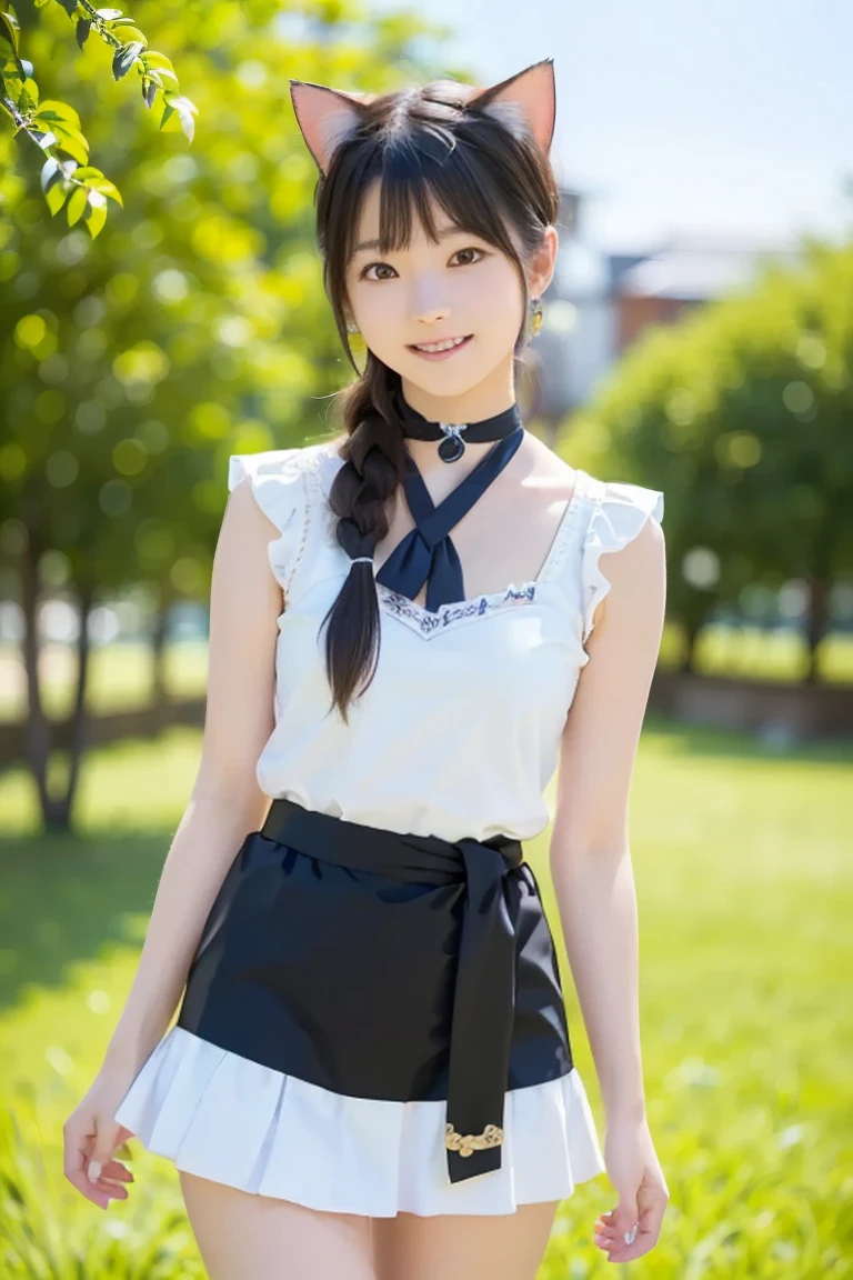highest quality, High resolution, realistic pictures, detailed skin texture, ((Cute 12 year old Japanese girl wearing maid uniform)), view audience, slim body shape, charming gaze, Fair skin, baby face, (flat chest:1.2), long straight hair, flower hair ornament, (loli:1.2)