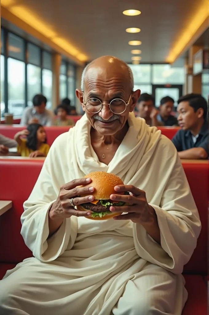 Mahatma Gandhi is eating a hamburger at McDonald's