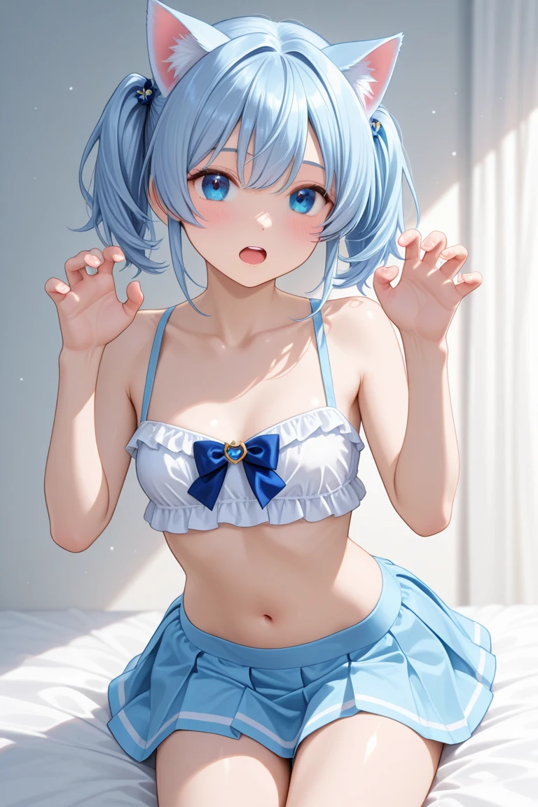 Absurd, Super detailedな,(In 8K:1.3),Masseter muscle area,(masterpiece:1.2)、(Highest quality)、4K、Super detailed、(Movement Structure:1.4)、(Shining Lights、Atmosphere lighting), High resolution, Best Quality、(One girl:1.4),Super detailedな,Bright colors、Treebreak Production Art、(Warm color light source:1.2),High-level image quality、Fine image quality、Intricate details,Volumetric Lighting,Realism BREAK、Profile、 Idol face、15 years old、Very beautiful face and eyes, Beautiful images、natural make up、 big eyes,、 (Small breasts)、(glossy skin :1.5)、(Baby Face:1.5)、(crying pose:1.2)、 (white background:1.2) 、 (ight blue hair,short hair、twintails)、 (Pink,Good, fullback panties:1.4)、 orgasm face