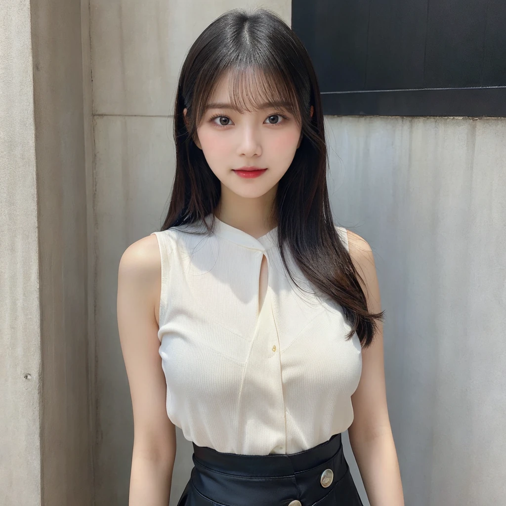 (8k, raw, masterpiece: 1.5), (professional photograph, sharp: 1.2), (natural sun light), (soft shadow), (photorealistic: 1.4), perfect dynamic composition, (1 girl), (Ultra-detailed face and skin), gorgeous face, perfectly proportioned face, dark brown eyes, round eyes, beautiful eyes, glossy eyes, high nose bridge, blush, plump lips, really moist skin, white skin, (delicate skin:1.4), (latex skin:0.4), (perfect glowing skin:0.6), (black colored ponytail hair, bangs), (hourglass figure), (large breast: 1.2), Refined expression, smile gently at the camera, looking at camera, silver necklace (white long shirt), (mini skirt), (pantyhose)