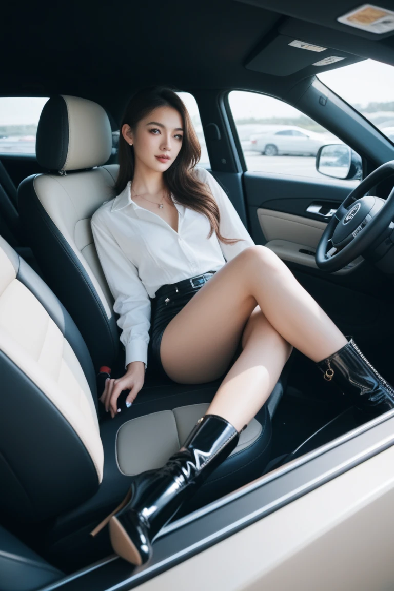 highest quality、16K high resolution、Super detailed、masterpiece、Live shooting、realistic:1.4、hyper realism:1.4、sharp focus、very delicate and beautiful、small details、1 female、(european:1.2)、(blonde)、(spread your legs:1.3)、(show panties:1.3)、(white panties:1.1)、(sit in the passenger seat of a car)、(super beautiful)、(beautiful face:1.5)、(barefoot)、(detailed face)、(thin and beautiful eyes)、Perfect round eyes、(lip details)、lipstick、(eyeliner)、mascara、eye shadow、(office lady suit)、(mini skirt)、white shirt、tailored jacket、At SFW