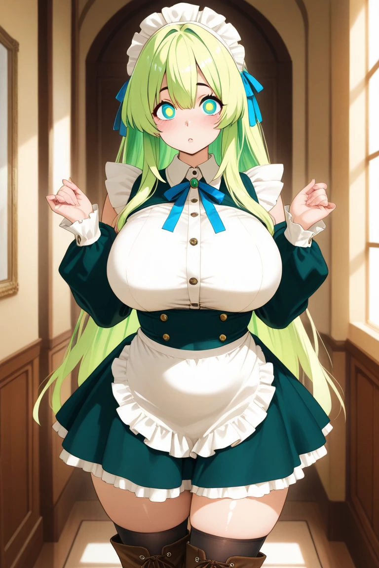 (((masterpiece))),(((High resolution)))、(((perfect face)))、(((Beauty)))、Bedroom、(((beautiful face)))、((((Maid clotheini skirt))、(embarrassed look)、(((looking at me)))、big breasts、Plump、thighs