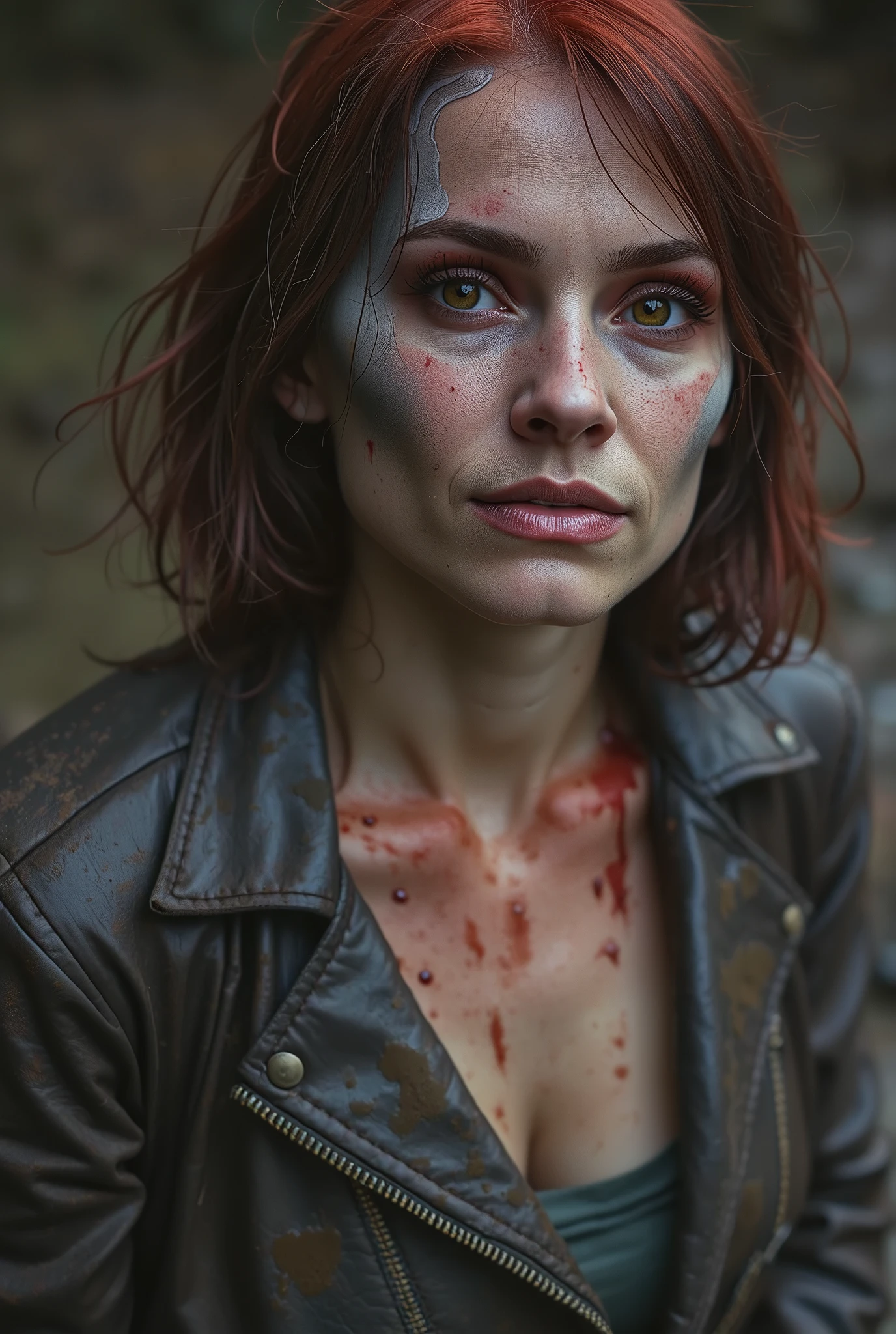 (best quality, hyperdetailed photography:1.2), beautiful lady, freckles, dark makeup, soft light, head and breast portrait, cover, (detailed beautiful face, detail skin texture, ultra-detailed body:1.1) ,((massive perfect breast)), ((snoopy breast:1.1)),((apocalyptic warrior:1.0)), strong body, red black hair, dark yellow eyes,,,,long open black coat, ((night gloomy misty, foggy,old village)),