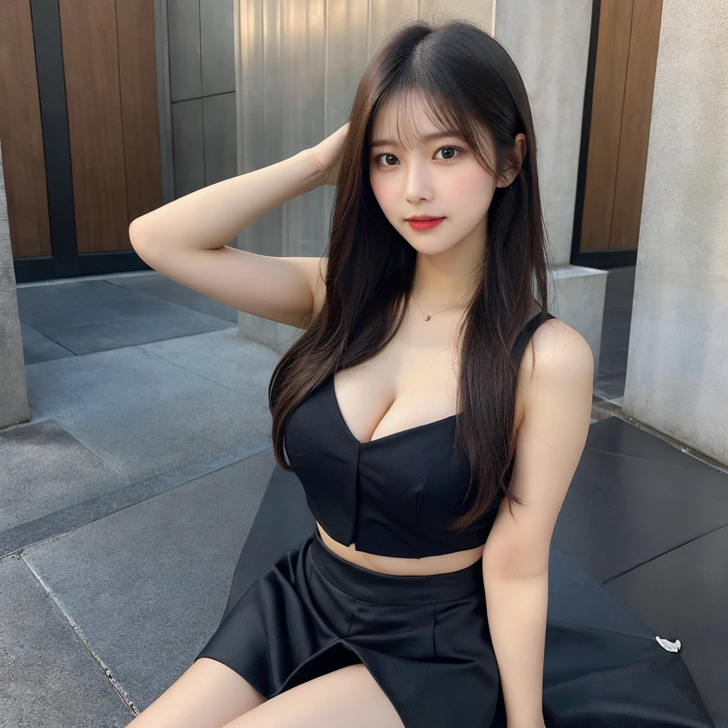 (Realistic lighting, Best quality, 8K, Masterpiece: 1.3)), Clear focus: 1.2, 1girl, Perfect beauty: 1.4, Big breasts: 1.2, Slim abs: 1.1, ((dark brown hair)), (short skirt no panties), (balcony), day: 1.1), , Super fine face, fine eyes, Double eyelids, doggie style with showing 