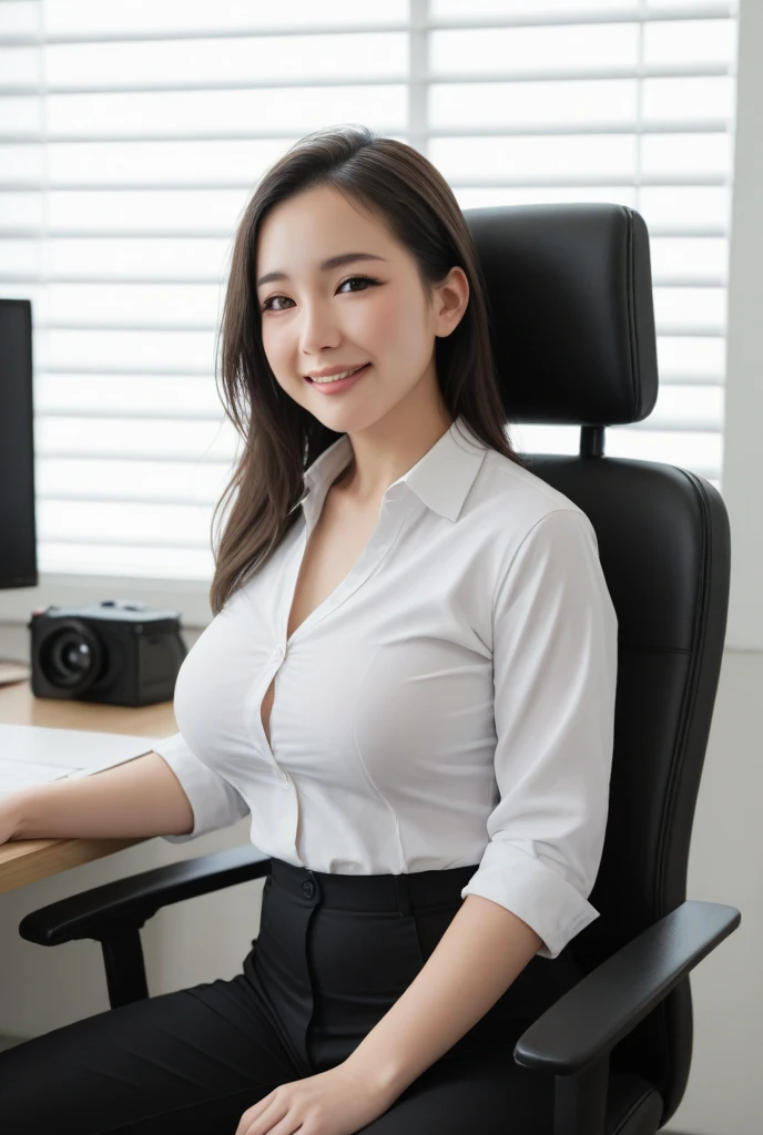 girl 18-year-old Hairstyle Casual, wearing secretary clothes at office