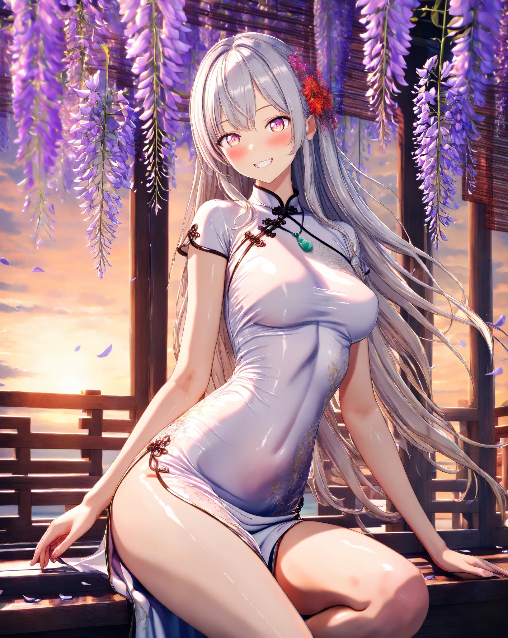 a girl, sexually suggestive, sitting, full color, Long white hair, Red eyes ，full body, Eyeliner, Red, open air, Rose, night, ruins, Butterfly，mine same as the original, mine, , (:1.2) rest, (cheongsam), (view from below), (place one's arms behind one's back), (wild lift), thin, Crotch, best quality, high resolution, unified 8k wallpaper, (illustration:0.8), (beautiful and delicate eyes:1.6), extremely detailed face, perfect lighting, Very detailed cg, (perfect hands, perfect anatomy), soles of feet，sitting，blond，red lips，Acting cute，((Feet close up))，completely naked，Complete feet，white，close up, ((Nude)), ((naked)),  ((beautiful feet, toes)), ((fully naked, no clothes)), ((luscious feet)).