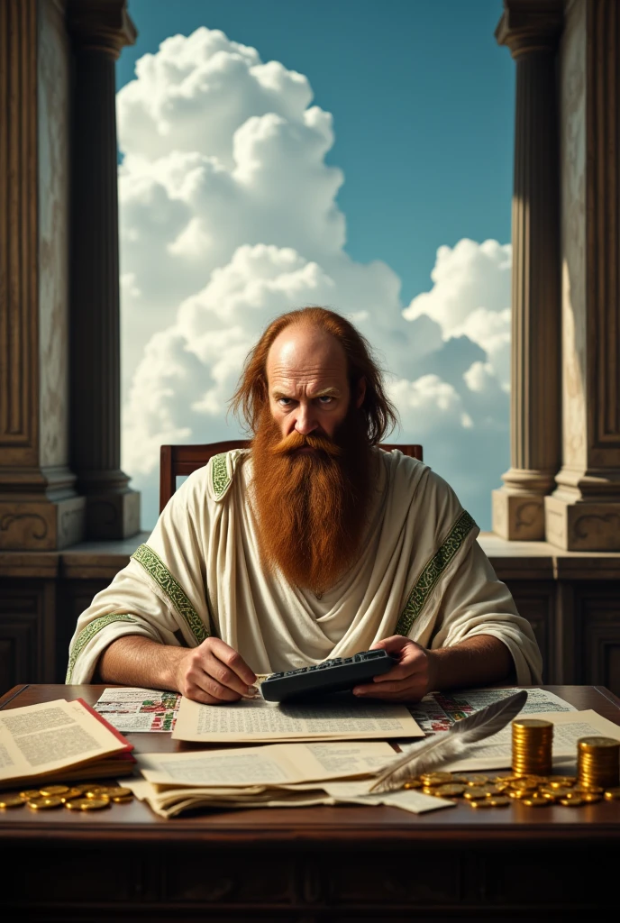 an old Greek mathematician, very long reddish brown beard, bald head in front but still has hair on the sides, he is wearing a typical white ancient Greek dress, and a asymmetrical cream cloak with green motifs. he is sitting on a chair, using a calculator to count gold coins, classic Greek interior, table, papers and feather ink, stack of gold coins, window with a view of blue sky and cumulus clouds, dramatic lighting, cinematic composition, Greek Mythology style