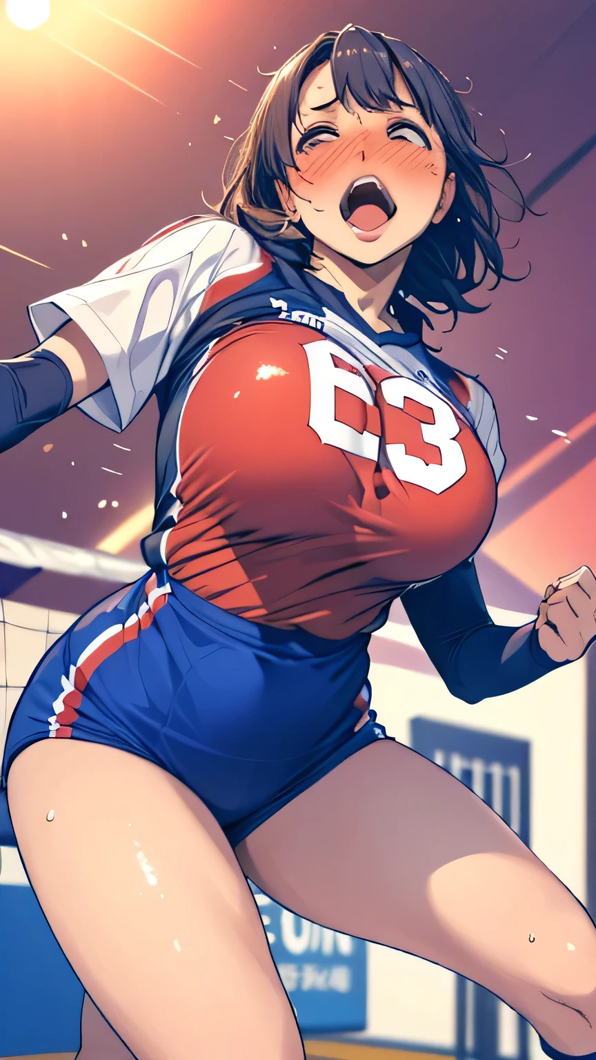 bouncing chest, Asymmetrical Breasts,(motion line, Motion Blur),  1 girl　solo_focus　volleyball　　open_Mouth big breasts　Bouncing Breasts　Japanese text onomatopoeia　 Blush Bounce_Breasts Hetero Sincere Huge_胸  short pants 汗　Steam Kiss blush　dynamic angles　Dynamic movements　