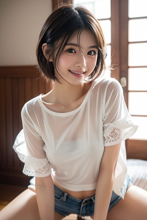One girl, Fluffy short hair,Black Hair,smile,Inside the room, summer,Open-collar shirt,Sleeveless,Button comes off,Bed,Lying on your back,Innocence,5th grade elementary school,Look here,Close-up of a small valley in the chest,transparent, (masterpiece, Highest quality), Soft Light, Structure of the film, Like a movie