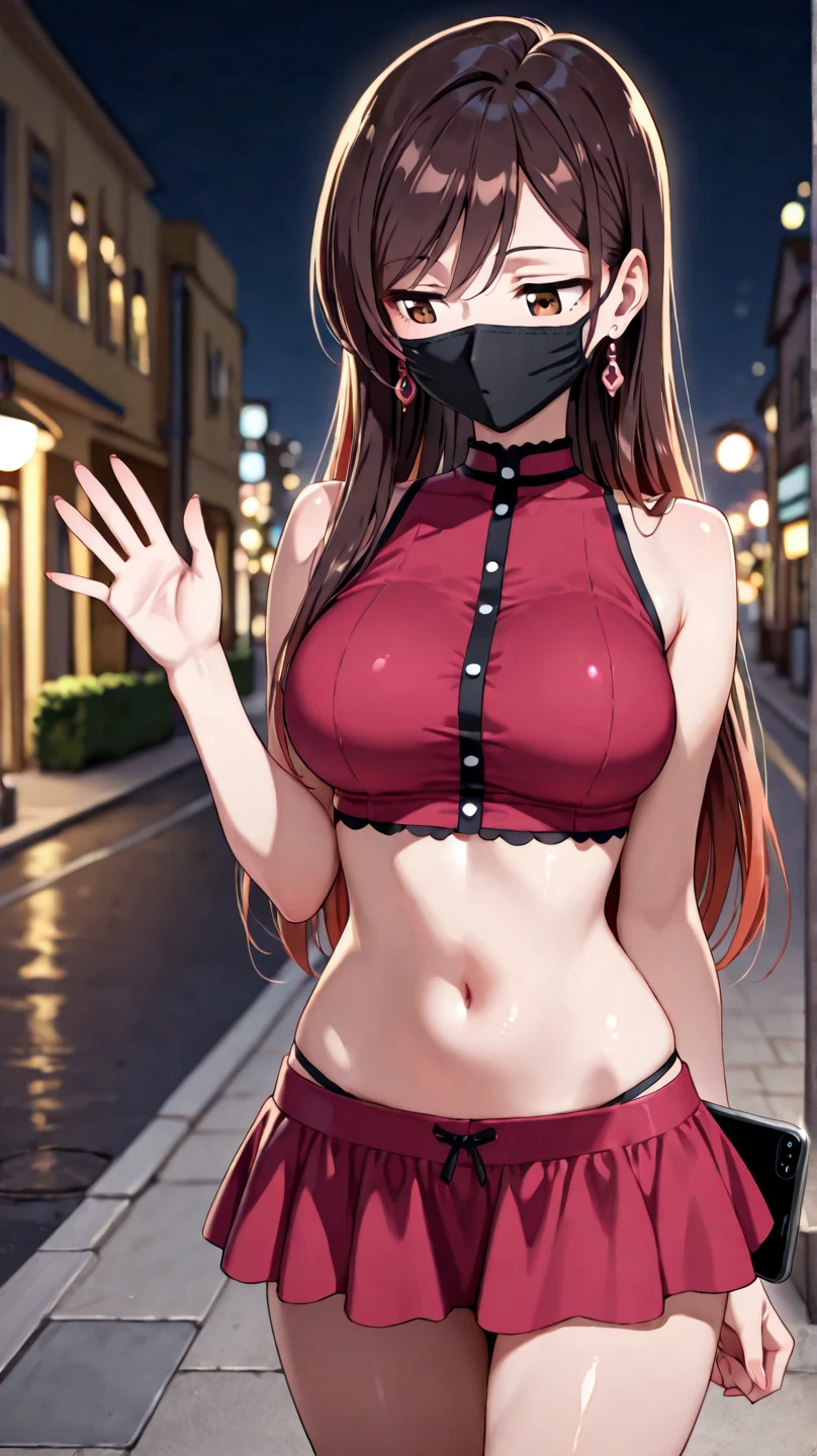 anime sarada curly hair short dress v-cuts sexy cleavage walking on a dark gloomy street scared style photo realism, Fully detailed drawing in black and black and only the red eyes