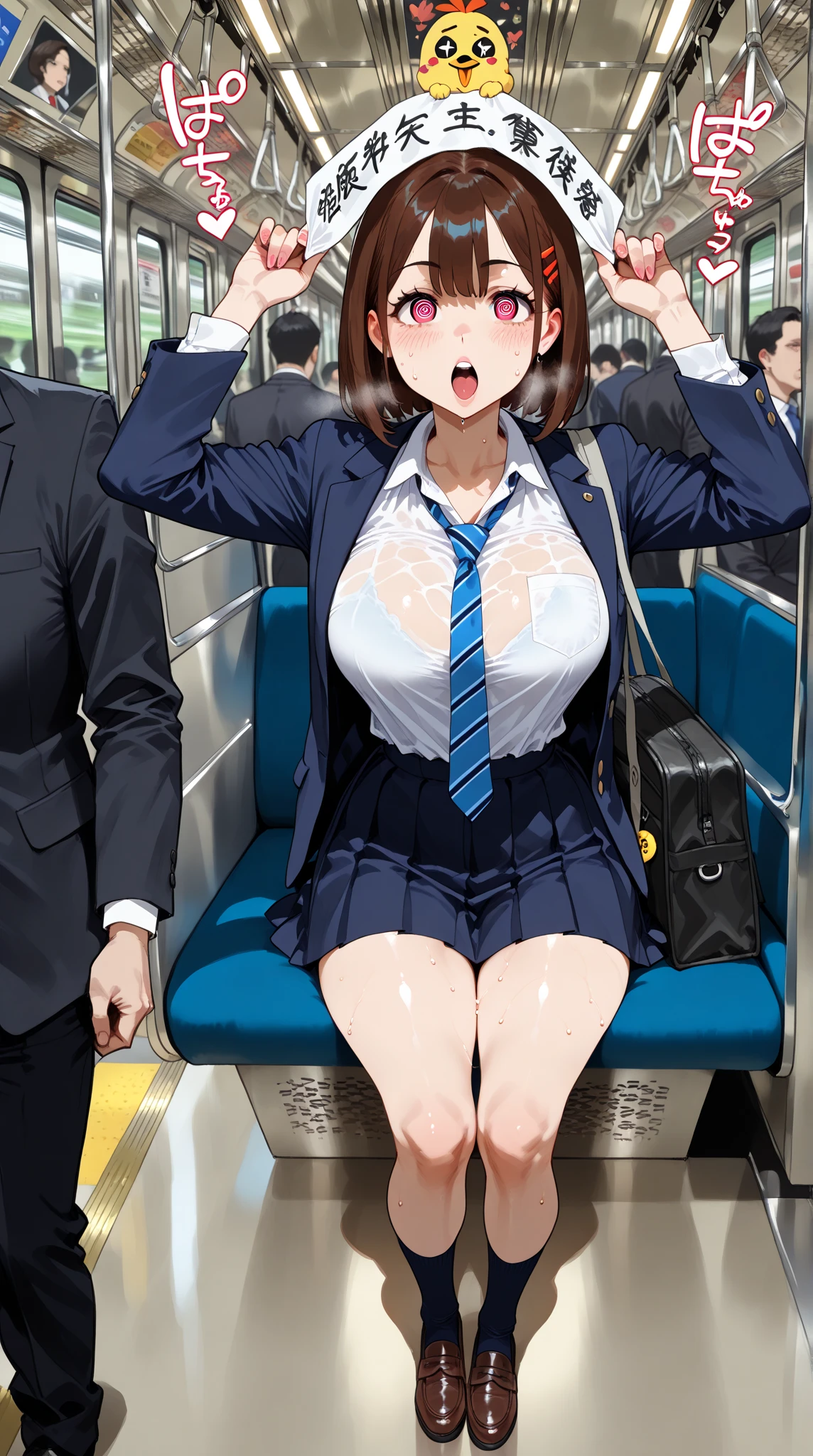 table top、High resolution、2 people、2 peopleの女の子、twins、2 peopleの可愛い女の子、big and full breasts、naughty body、underwear only、see-through、pink lingerie、throw、sit on the seat、Looking up at me、confused face、blush、black pantyhose、The shape of a woman&#39;s private parts is clearly visible、nipples are visible、navy checkered skirt、micro mini skirt、very short skirt、trainの中、train、molestation、A man touches my body、a lot of people、in the crowd、man sitting next to、A man also touches my thighs、open your legs
