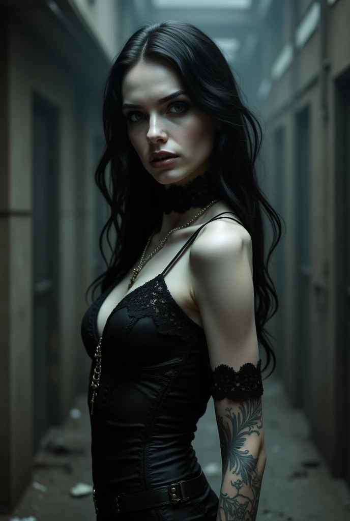 Create an intense, cinematic art evocative portrait A female witch with long black straight hair, straight haircut, Crystals petruding out of her body, sticking out in her body, infected, brave, scared but serious, the field is transformed into a fantasy world dramatic landscape straight out of a Studio Ghibli movie. The delicate details and dark colors make this a truly unique and captivating image. angle from below, in deep blue eerie light, eyes open in a moment of raw emotion. The dark red and blackish blue palette intensifies the mood, evoking a sense of mystery and allure. Subtle film grain and metic.