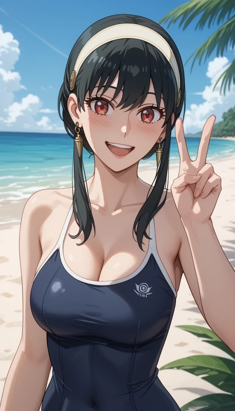 score_9, score_8_up, score_7_up, source_Anime Top Quality、8k、 masterpiece、super high accuracy、 natural light、完璧な解剖学、one woman、medium chest、saggy breasts:1.7、Cleavage、black hair、yor foger、(embarrassing、happy、fun)、school swimsuit、((Tropical Beach))、(((bust shot)))、V sign