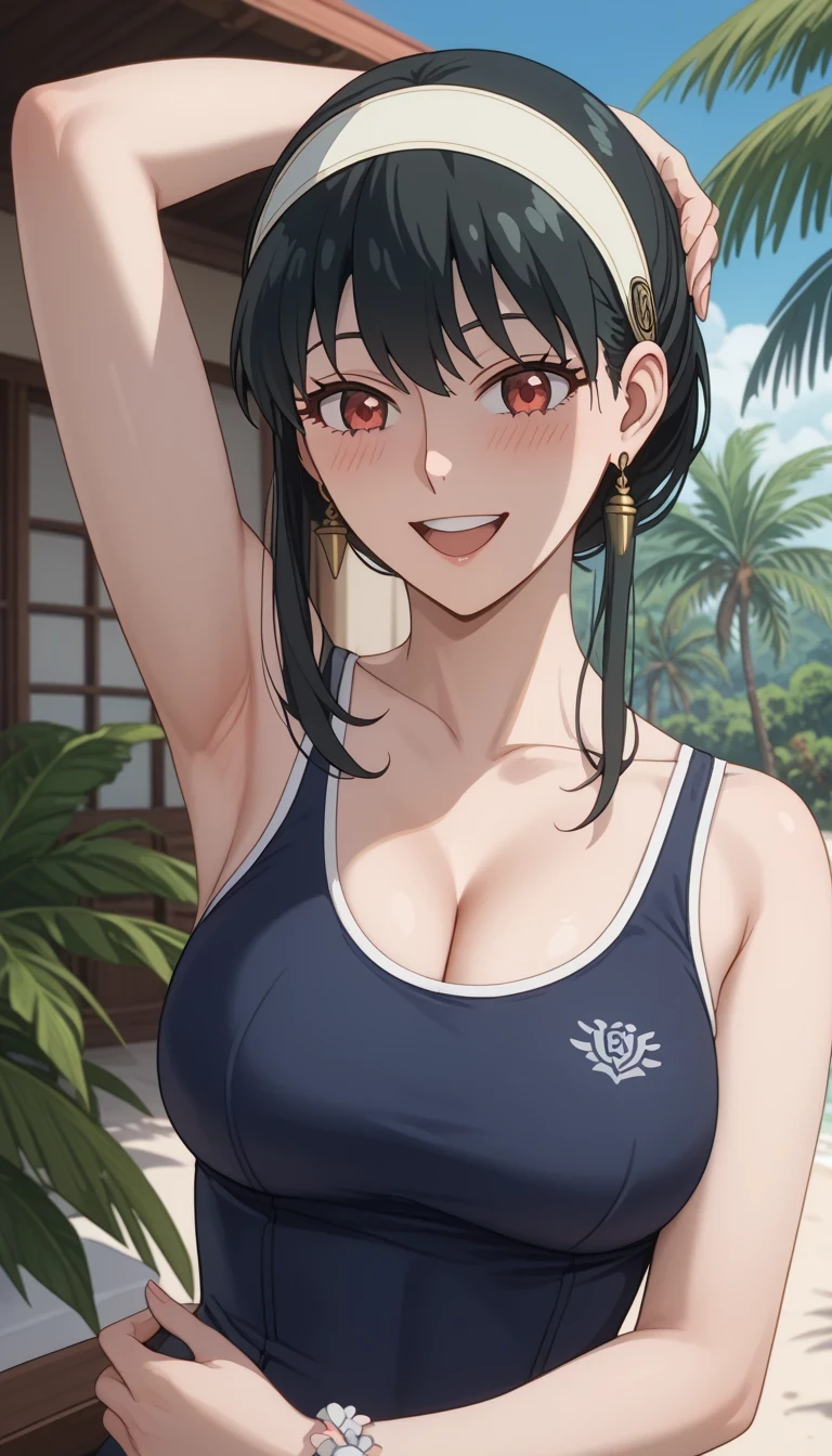 score_9, score_8_up, score_7_up, source_Anime Top Quality、8k、 masterpiece、super high accuracy、 natural light、完璧な解剖学、one woman、medium chest、saggy breasts:1.7、Cleavage、black hair、yor foger、(embarrassing、happy、fun)、school swimsuit、((Tropical Beach))、(((bust shot)))、Highlight your chest