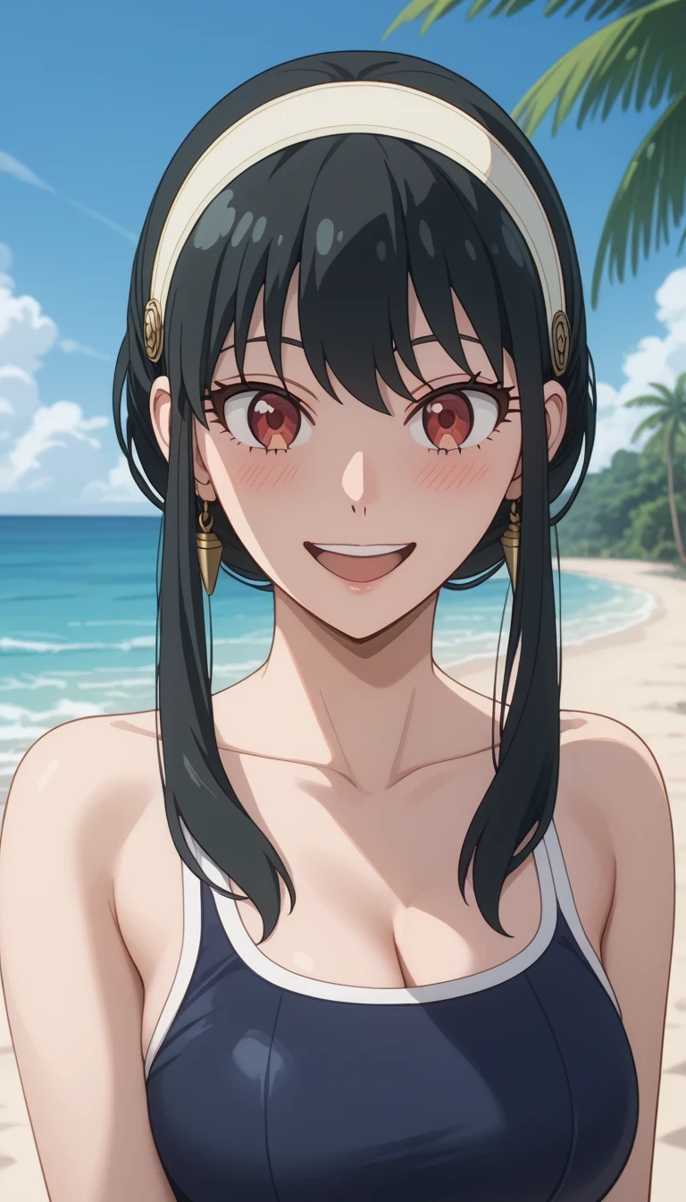 score_9, score_8_up, score_7_up, source_Anime Top Quality、8k、 masterpiece、super high accuracy、 natural light、完璧な解剖学、one woman、medium chest、saggy breasts:1.7、Cleavage、black hair、yor foger、(embarrassing、happy、fun)、school swimsuit、((Tropical Beach))、(((bust shot)))、Highlight your chest
