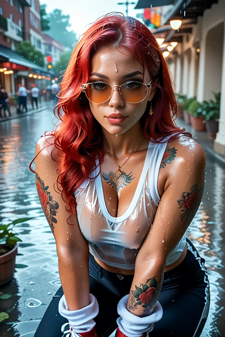 une belle fille colombienne, Peau de Wabori, beauty, sexy, Jolie fille, Fille yakuza, Punk samouraï, contexte dans la ville de Bogota, Realistic, PhotoRealistic, chef-d'artwork, best quality, cinematic photo of a Colombian cartel gangster girl with tatouage yakuzas, epic lighting, exotique, Tout le corps, Yakuza Punk, tatouage yakuza, muscle((bikini jaune))((gros cul bien large et parfait))((bikini rose fluo))