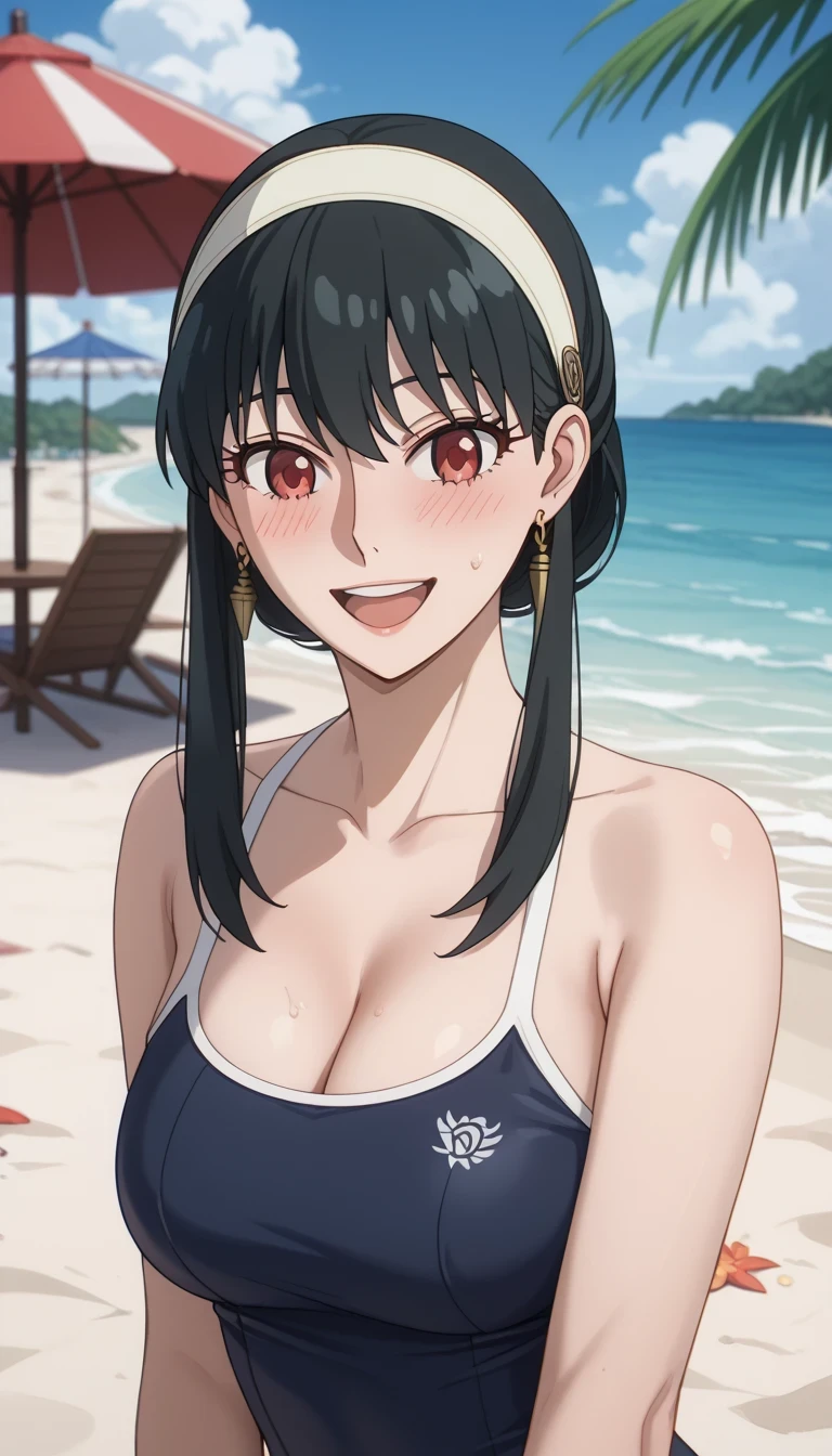 score_9, score_8_up, score_7_up, source_Anime Top Quality、8k、 masterpiece、super high accuracy、 natural light、完璧な解剖学、one woman、medium chest、saggy breasts:1.7、Cleavage、black hair、yor foger、(embarrassing、happy、fun)、school swimsuit、((Tropical Beach))、(((bust shot)))、Highlight your chest