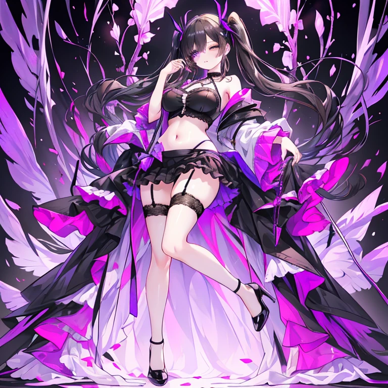 16-year-old girl,Black Hair,Purple Eyes,Black purple dress,Sitting,The overall color is mainly purple,Second dimension style, Perfect face