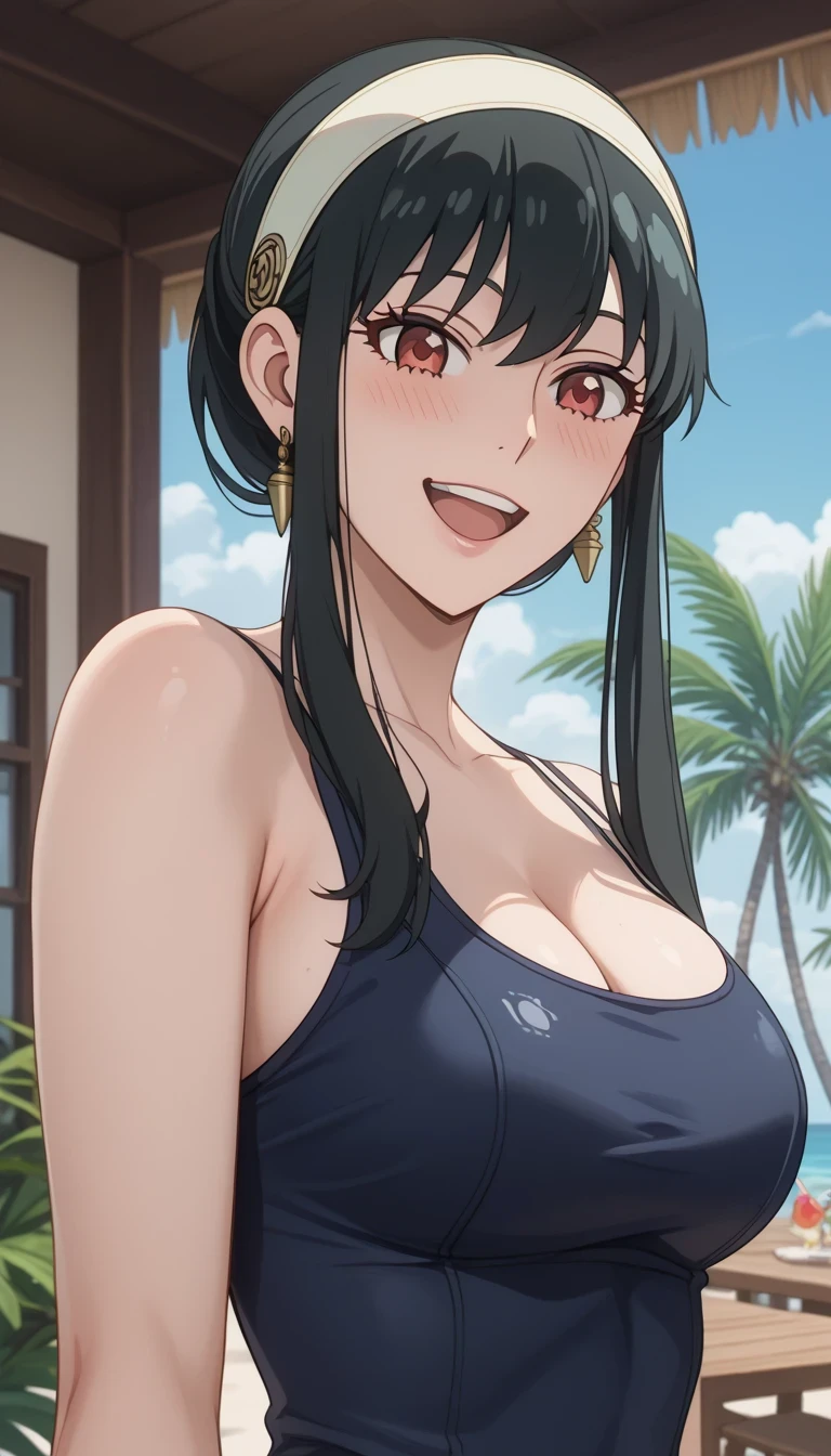 score_9, score_8_up, score_7_up, source_Anime Top Quality、8k、 masterpiece、super high accuracy、 natural light、完璧な解剖学、one woman、medium chest、saggy breasts:1.7、Cleavage、black hair、yor foger、(embarrassing、happy、fun)、school swimsuit、((Tropical Beach))、(((bust shot)))、Highlight your chest