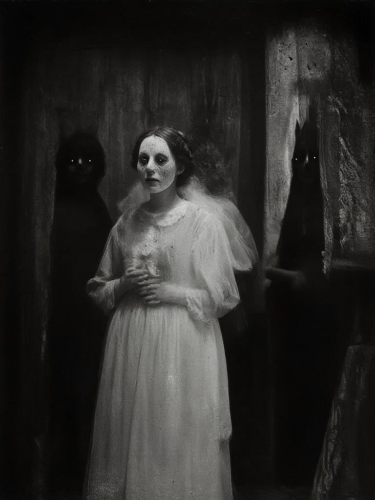 vintage black and white photography, sinister photo, ( ( ( Horror art ) ) ), gloomy vibes, horror, nightmare atmosphere, evokes disturbing elements, dark feelings, horizontal aspect, The best quality, must disturb the viewer,