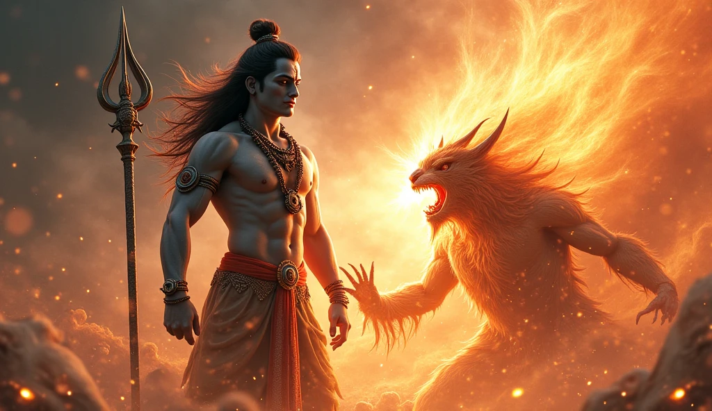 Shiva’s Third Eye Emitting Light: “Create an image where Lord Shiva’s third eye is glowing intensely, emitting a powerful, divine light. This light is directed towards the demon Tripurasura, who stands before Shiva. The light begins to soften and transform the demon, shown through his changing expression from rage to repentance. The setting should be otherworldly, with swirling energies and mystical symbols floating in the air.”