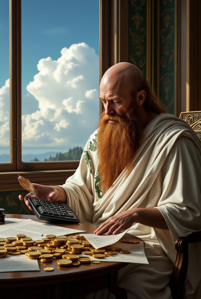 an old Greek mathematician, very long reddish brown beard, bald head in front but still has hair on the sides, he is wearing a typical white ancient Greek dress, and a asymmetrical cream cloak with green motifs. he is sitting on a chair, using a calculator to count gold coins, classic Greek interior, table, papers and feather ink, stack of gold coins, window with a view of blue sky and cumulus clouds, dramatic lighting, cinematic composition, Greek Mythology style