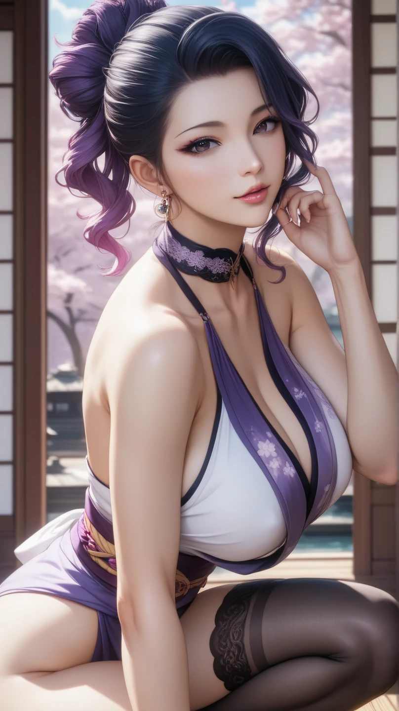 (Raw:1.4),(Realistic:1.4), Purple Raiden Background, (((Big Breasts: 1.5))), (Purple Hair, Raiden Shogun's Hairstyle, Purple Nails), (Full Body), ((Wearing a Purple Kimono)))), ((Raiden Shogun: 1))), A Head, ((Posture: (Smoking), Sitting, Knees Apart)), (Correct Body Structure), (Brass Pipe, Smoky Wind), Mole Under the Mouth, Raised Eyebrows, Rolling Eyes, glowing eyes, ((eyes looking at the lens)), absurd, ridiculous, surrealism, high detail, surrealism, chiaroscuro, depth of field, cinematic lighting, wide-angle lens, from above, diffraction spikes, eye level shot, f/1.8, nikon, anatomically correct, masterpiece, ccurate, uhd, textured skin, face spotlight, 16k, (((dynamic pose))), (lots of detail, hyperrealism, realism, works by Omar Ortiz)