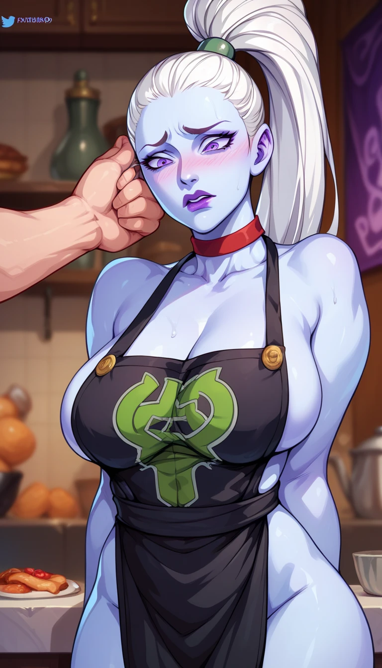 NSFW_DragonBallSuper_Vados_ownwaifu, skin azul, Vados, piel azul, nude, frown, tetas medianas, muslos gordos, gagged, bondage shibari, manos y brazos atados, bdsm, Arms tied behind the back, arms behind the back, Arms tied behind the back, muslos atados, patas atadas, Gagged, bound arms, arms behind back, de frente, Ball Gag, bdsm,bondage, gagged, sitting position, Kneeling position, in the room, ball gag color roja, gag de correas, viendo hacia el espectador, looking towards the camera, shrimp position, babear, babeando, saliva en la gag, basement, sonrojada, en celo, patas atadas, pies atados, labios pintados de color rojo, POV, mano acariciando la cabeza, piernas abiertas, piernas atadas, globos de texto, ((3 comic panels, comic page, Speech bubble + Habla flecha (symbol)+ japanese comic book, burbuja + signos de exclamacion dentro de una burbuja de texto )), recuadros de texto, 3 panels Japanese comic and manga style, 3 paneles de diferentes perspectivas, fist-shaped hands, cum, wet pussy, Pussy dripping, very wet pussy
