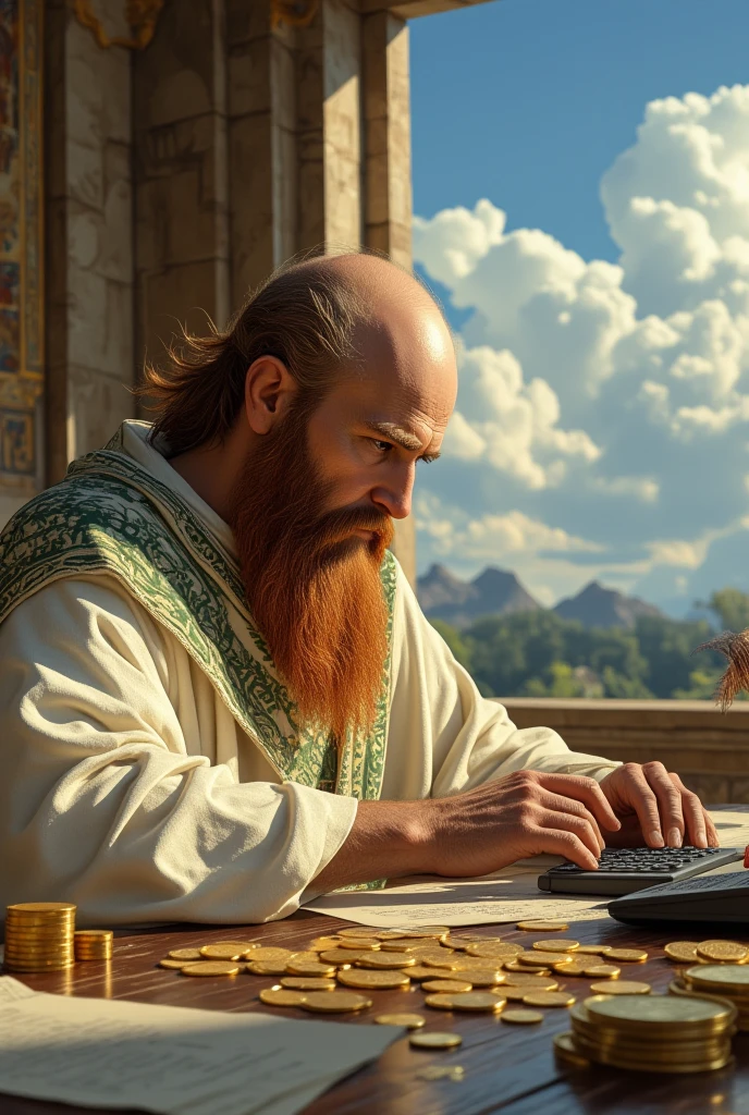 an old Greek mathematician, very long reddish brown beard, bald head in front but still has hair on the sides, he is wearing a typical white ancient Greek dress, and a asymmetrical cream cloak with green motifs. he is sitting on a chair, using a calculator to count gold coins, classic Greek interior, table, papers and feather ink, stack of gold coins, window with a view of blue sky and cumulus clouds, dramatic lighting, cinematic composition, Greek Mythology style