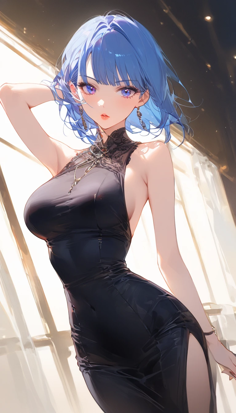 absurdos, high resolution, Muy detallado, (arte oficial, hermoso y estetico:1.2), Ultra detalle, Hermoso rostro, ((mujer madura)), 1mujer, Eula, black banda para el cabello, pelo azul, adorno para el pelo, banda para el cabello, cabello corto, ojos amarillos, rubor, sonrisa amorosa, Caderas anchas, muslos gruesos, ((escote)), ((Blusa blanca manga larga)) con ((falda de cintura alta)), Tirantes, ((medias negras)), ((pose seductora)), (apartment balcony), dynamic lighting, dynamic shadows, ((cuerpo proporcional)), ((Apoyado contra la pared))