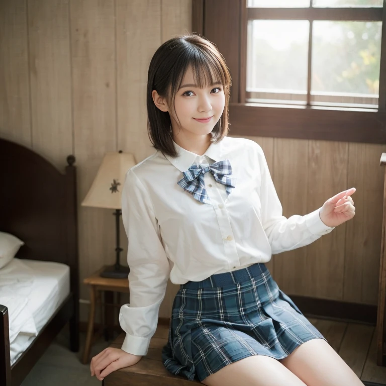 (8k, Photorealistic, Raw photo, Highest quality: 1.4),Japanese idol-style beautiful girl,1 person,17 years old,Hairstyle(Short Bob,Black :1.4),She has her hair tucked behind her ears,Large, clear grey eyes,Long eyelashes,Plump Cheeks,Smiling,Thin and delicate shoulders,Thin waist,Blackの靴下を履いている,(Short sleeve blouse(White,Plain)Wear(Unbutton,For bare skin)),(Pleated skirt(Plaid)Wear),School classroom,(Sit on a desk(Crossing your legs :1.4)),Place your hands on your crotch,Angle from below the front,Full body portrait