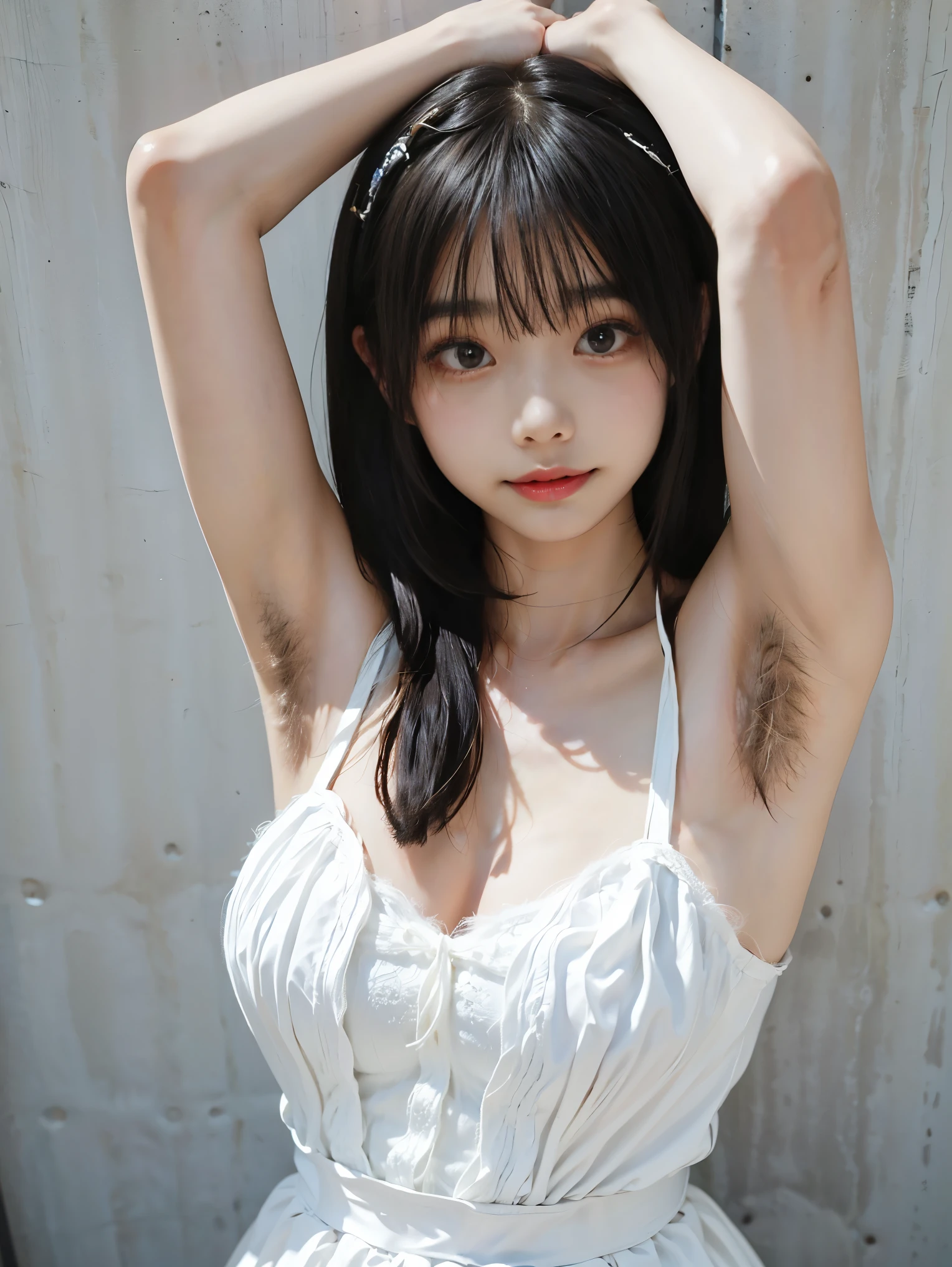 1girl, portrait, (Japanese girl, hairy armpit exposed, hairy armpits, armpit hair:1.4), ((white summer dress, cleavage)), (thin body), pale skin:1.2, (blush, smile, open mouth:1.3, parted lips), empty room, white wall, studio lighting, looking at viewer, Realistic, (real picture, Intricate details), natural skin texture:1.5