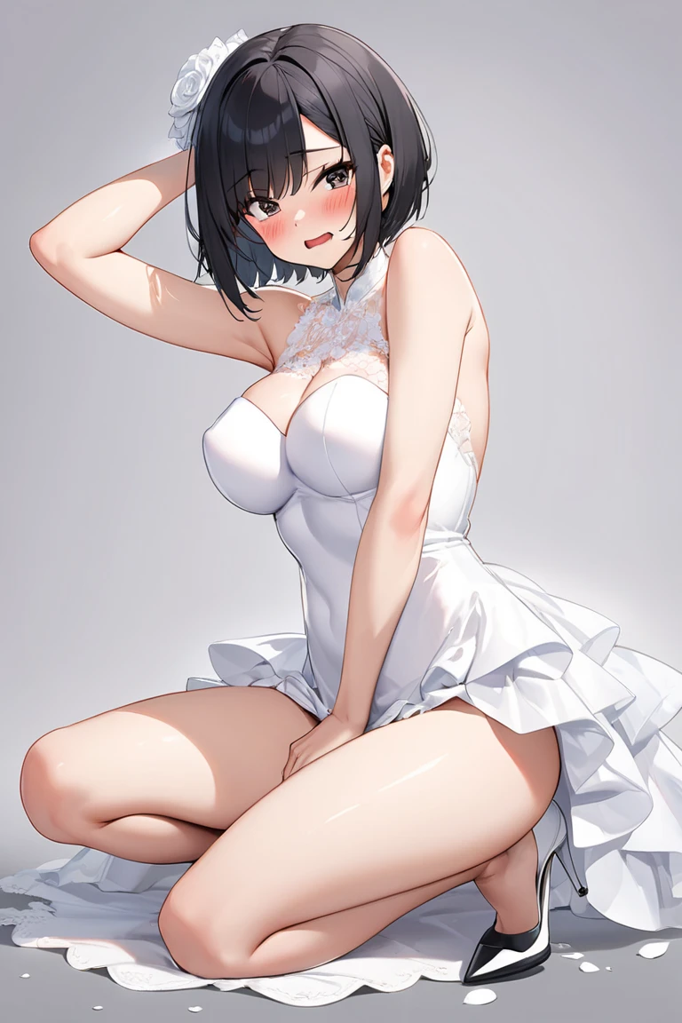 (masterpiece, best quality), anime minimalist, mature female, 1girl, solo, (pale skin:0.95), red eyes, glowing eyes, black hair, (messy hair1.2), very short hair, (forehead:0.7), mullet, pixie cut, breasts, white elegant dress, necklace, sideboob, thighs, no underwear, no panties, covered erect nipples, (light smile:0.5), expressionless
