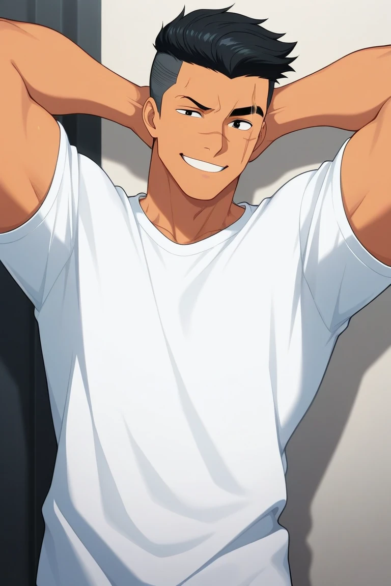 1boy, buzzcut, muscular, topless, gray pants, smile😈, sweating, open arms for viewer, leaning forward, hug, buzzcut boy_on_top, straddling, pov, nsfw, black eyes, POV, full_body nsfw, spread legs, ceiling, looking at viewer:1.6