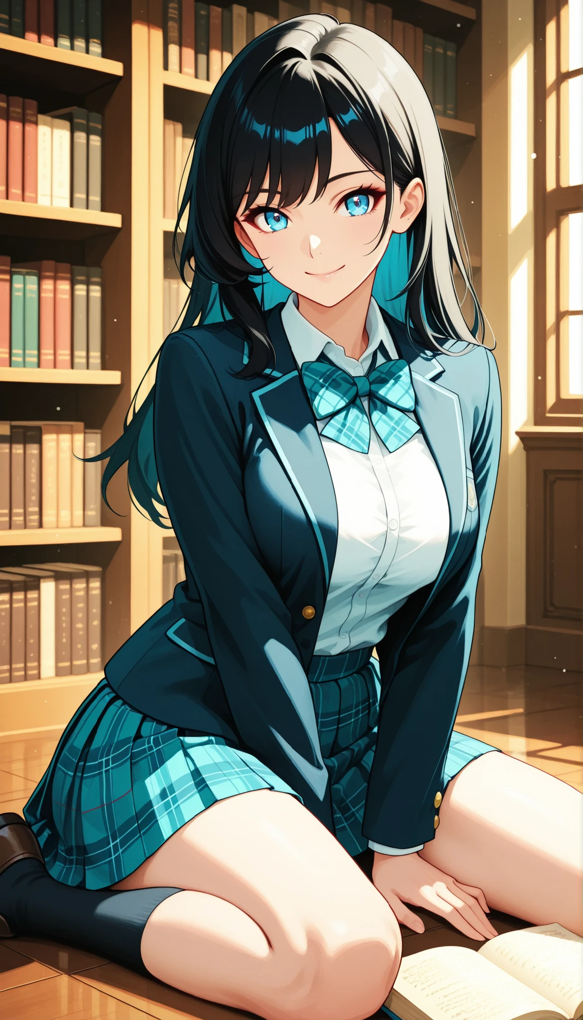 Beautiful Girl, high school girl, princess cut, cute, natural look, Close up shot , Portraits, (girls' high school uniform, blazer, shirt, plaid bowtie , plaid pleated skirt for stepping on thick books, wariza), Library, Background bookshelf, particle of light, Stacked Books, graceful posture, Delicate Features, soft light, delicate texture, rich colors, Anime Style, CG illustration art, high quality, 4K, ultra high resolution, superb detail, 極上のPortraits, fine art, delicate touch at the royal court, Perfect Bokeh