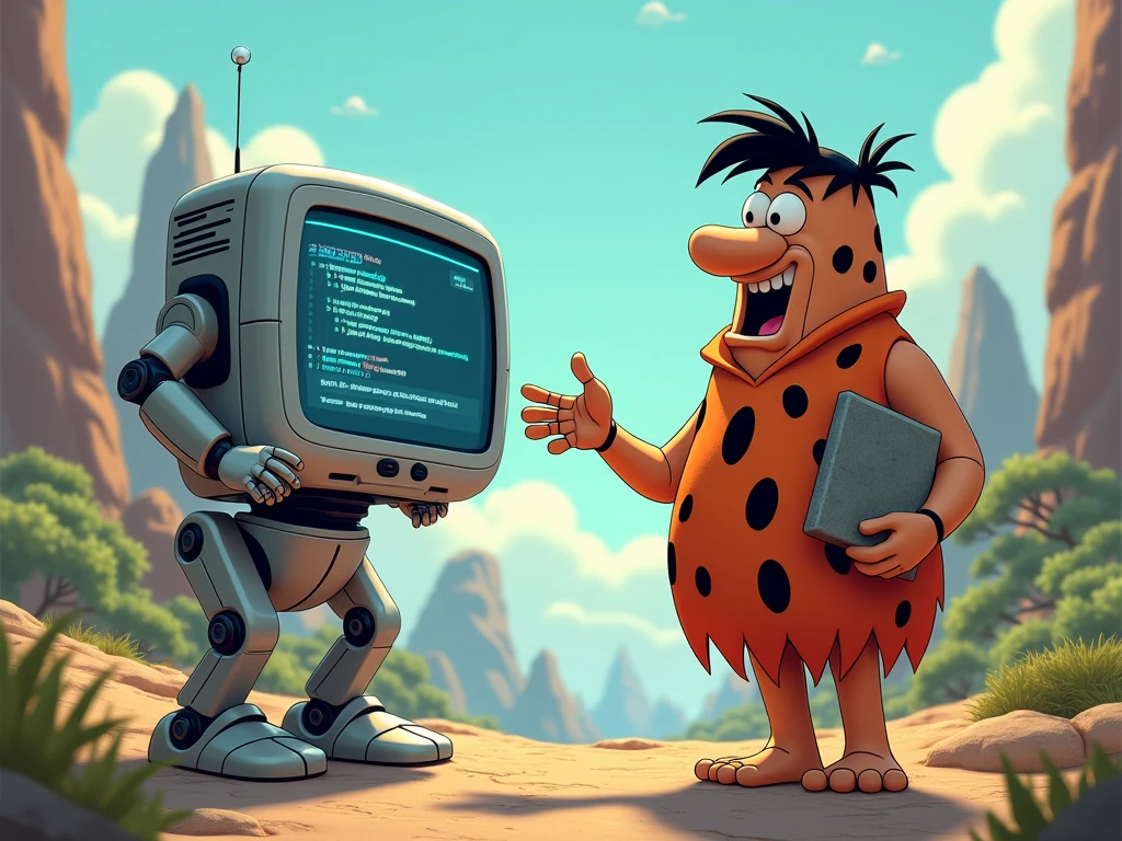 an autonomous AI droid teach coding using virtual monitor to stone-age man Richard Flintstone, the Flinstone have a stone tablet on his hand 