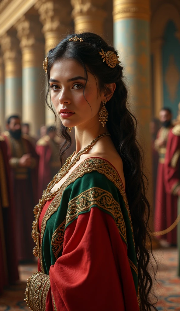 beautiful ancient greek queen, full slim figure, fair skin, wearing red or blue dress, Renaissance painting HD cinematic