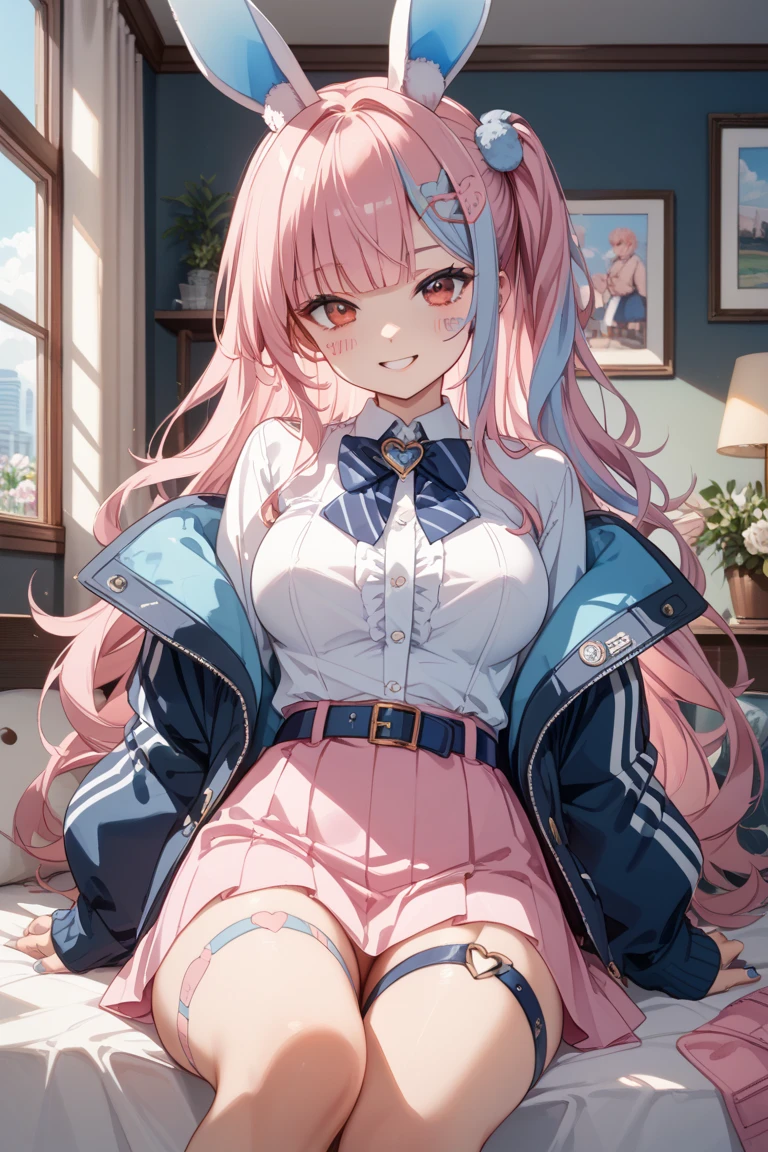 (masterpiece, best quality), 1 beautiful girl, cat ears, Smile, slim, (Uniforms:1.1), (Detailed beautiful eyes), paw mittens, bedroom, Spread your legs indoors,Expose the vagina,No cover, no underwear, no underwear