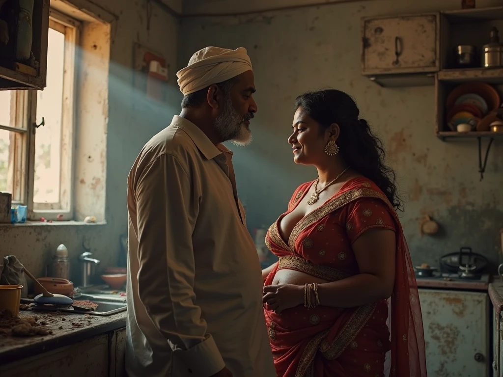 A rich good looking old man rubbing oil on a naked curvy girl Indian woman as a part of a wedding ritual of a wealthy family . There are people in the background of image.