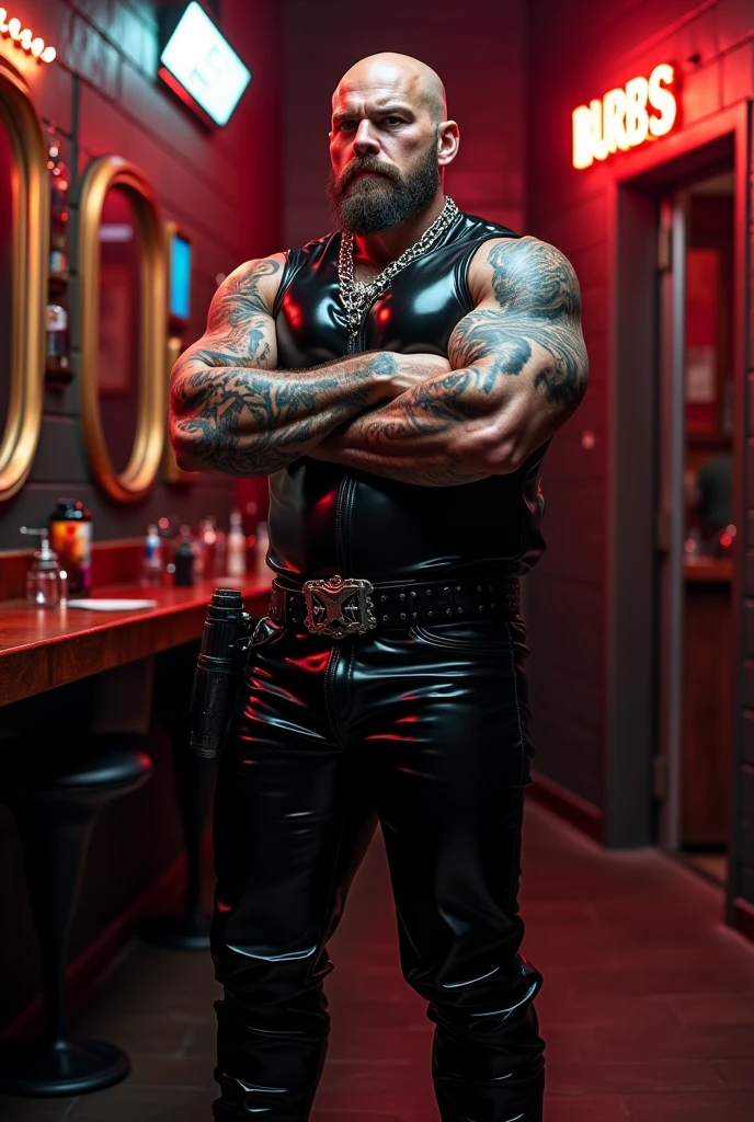 white man with red hair and beard, he is wearing black leather harness, he has his beautiful penis showing, BDSM environment red lights